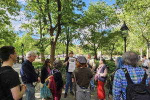 In Washington Square Park, explaining how the Beatniks fought for Free Speech and WON!